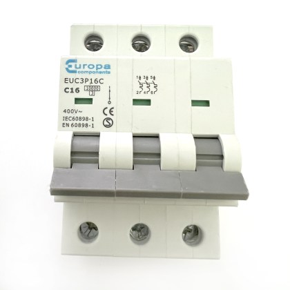Europa Components EUC3P16C C16 16A 16 Amp 3 Pole Phase MCB Circuit Breaker Type C